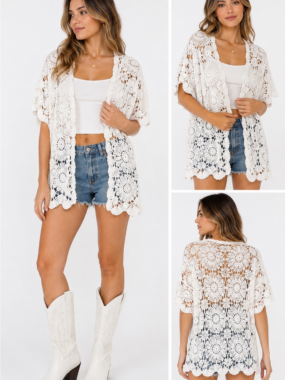 Roaman's White Crochet Open-Front Tunic Kimono